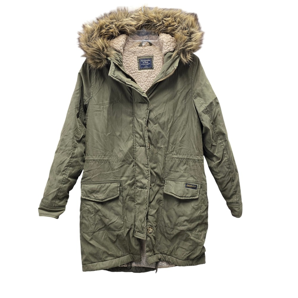 Abercrombie & Fitch Olive Green Sherpa Lined Faux Fur Hood Parka Jacket Medium